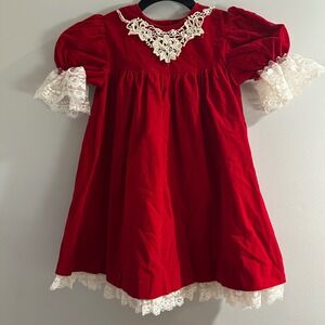 Jo Lene Velvet Lace Dress Kids 6 Red Vintage Holiday Puff Sleeve USA Christmas